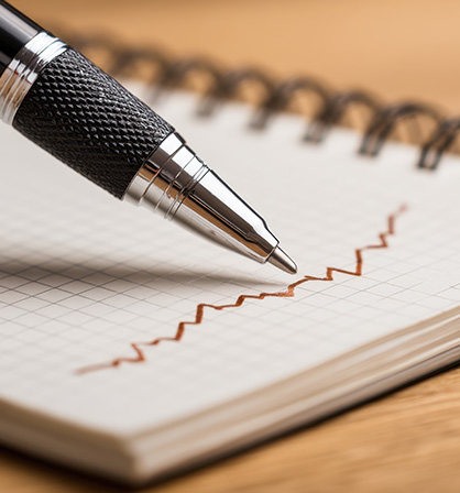 image of a notepad with a graph moving up and down with a pen sitting atop